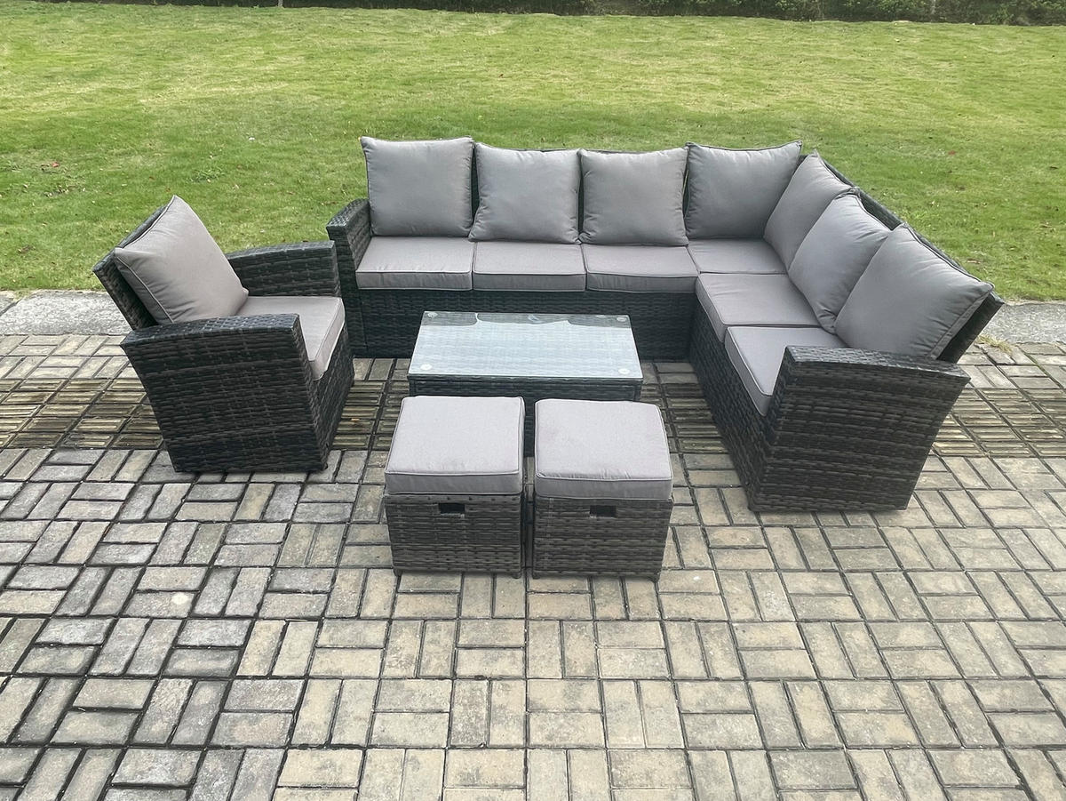 LOUNGEGARNITUR mit Couchtisch Sofa Polyrattan Dunkelgrau 9-Sitzer - Dunkelgrau/Grau, Glas/Kunststoff - Fimous