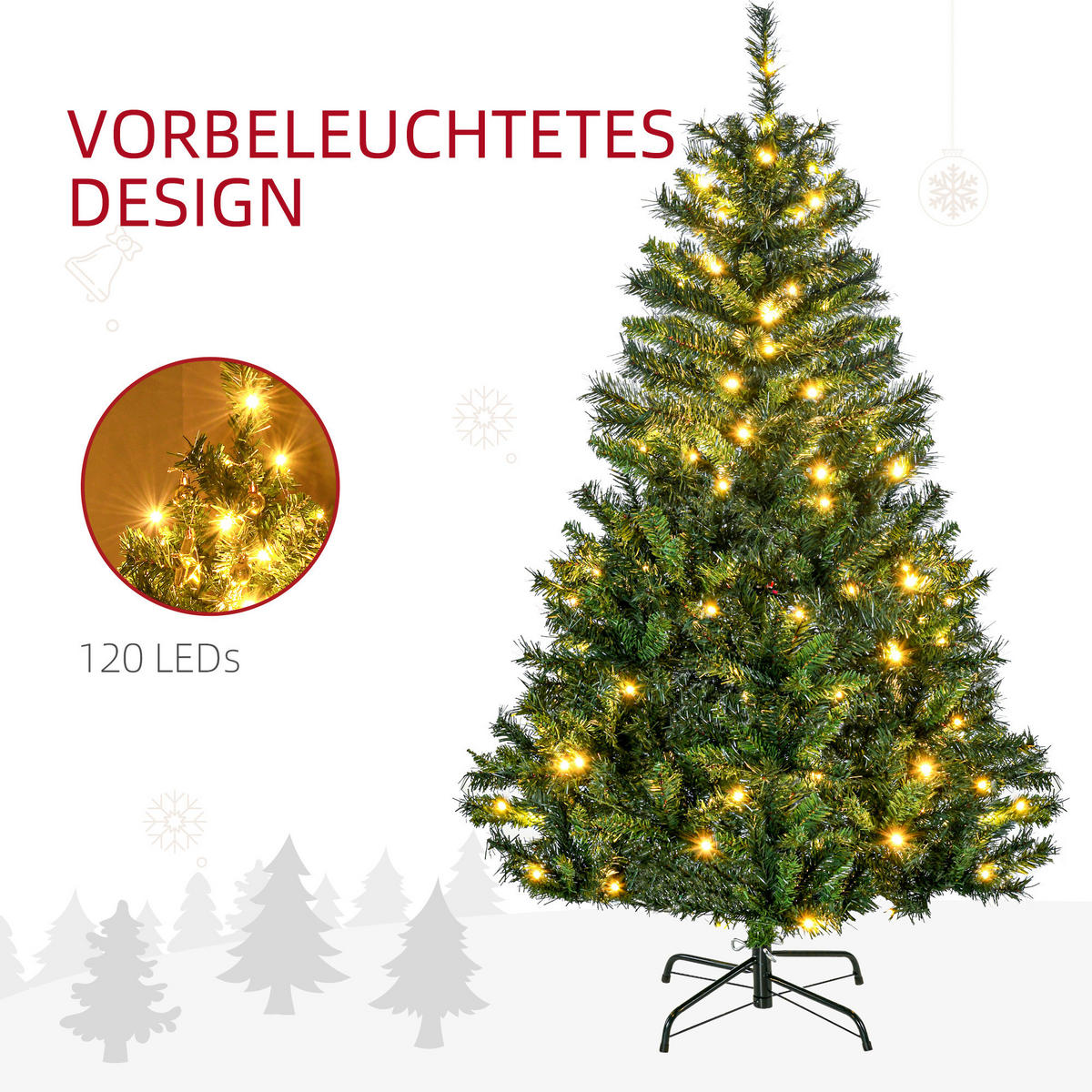 WEIHNACHTSBAUM Tannenbaum mit Deko 120 LEDs 511 Spitzen Ø95 x 150H cm - Grün, Kunststoff (150cm) - HOMCOM