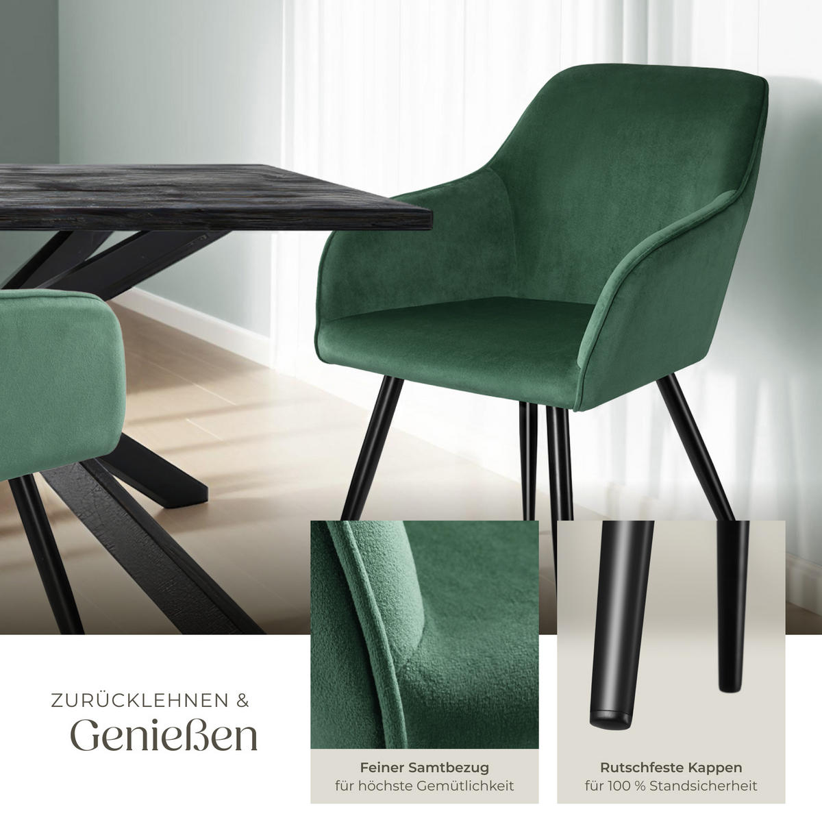 ESSZIMMERSTUHL 4er Set Marilyn,58 x 62 x 82 cm,dunkelgrün/schwarz - Dunkelgrün/Schwarz, Textil (58/82/62cm) - tectake