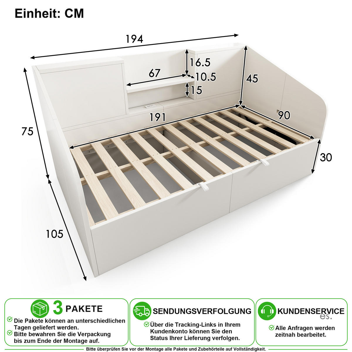 POSTEL 90/190 cm v bílé barvě s úložným prostorem, USB a Type-C - bílá, dřevo/kompozitní dřevo (90/190cm) - CHICFURN