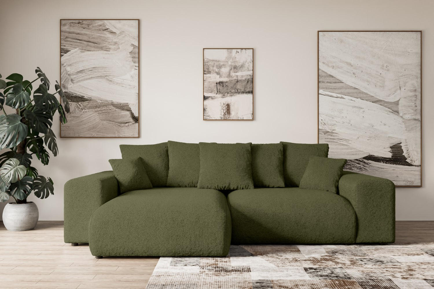 ECKSOFA mit Schlaffunktion und Bettkasten ESKAR-L 256x165x84cm Grün Bouclé - Schwarz/Grün, Holzwerkstoff/Kunststoff (165/256cm) - ALTDECOR