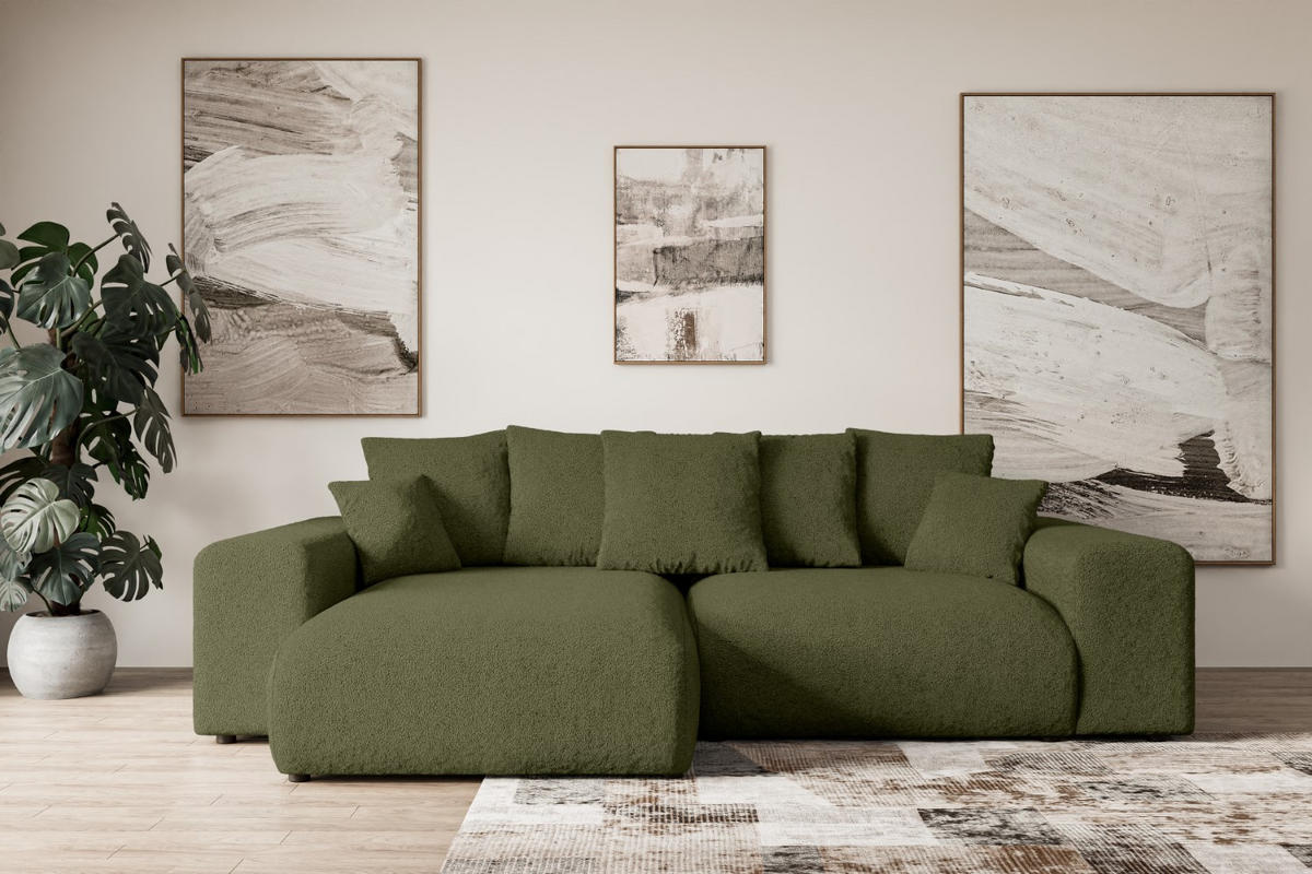 ECKSOFA mit Schlaffunktion und Bettkasten ESKAR-L 256x165x84cm Grün Bouclé - Schwarz/Grün, Holzwerkstoff/Kunststoff (165/256cm) - ALTDECOR