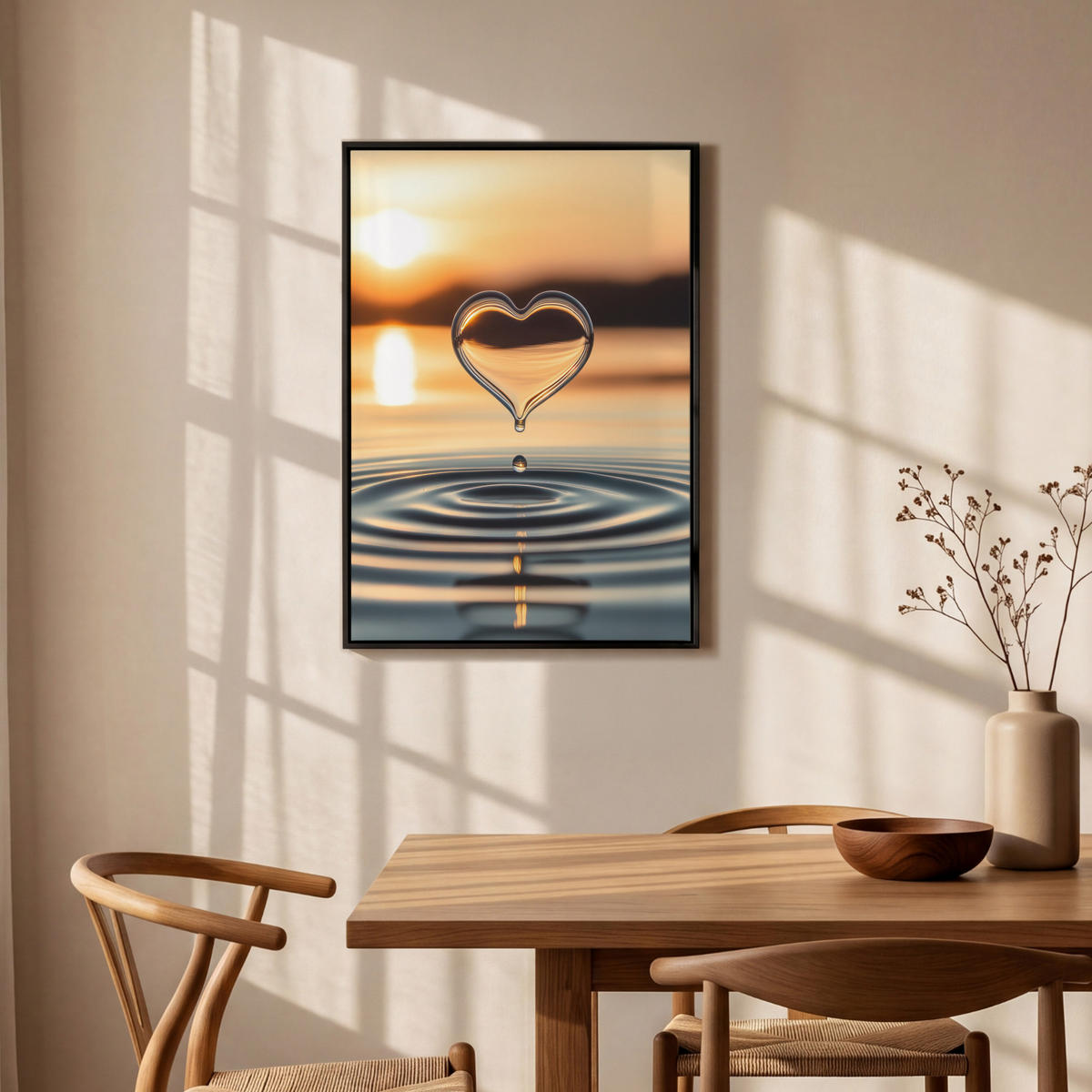 LEINWAND Bilder mit Rahmen - Herz - Wasser - Sonnenuntergang - Natur - Zen - 60x90 - Bernsteinfarben, Textil (60/90cm) - MuchoWow
