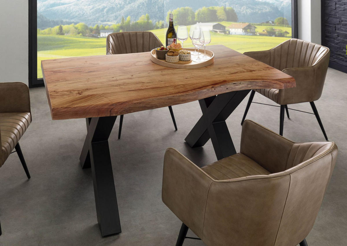 BAUMTISCH Akazie 160x90x77 Akazie natur lackiert / X-Beine anthrazit matt FREEFORM 5 - Naturfarben, Holz (160/90/77cm) - Massivmoebel24