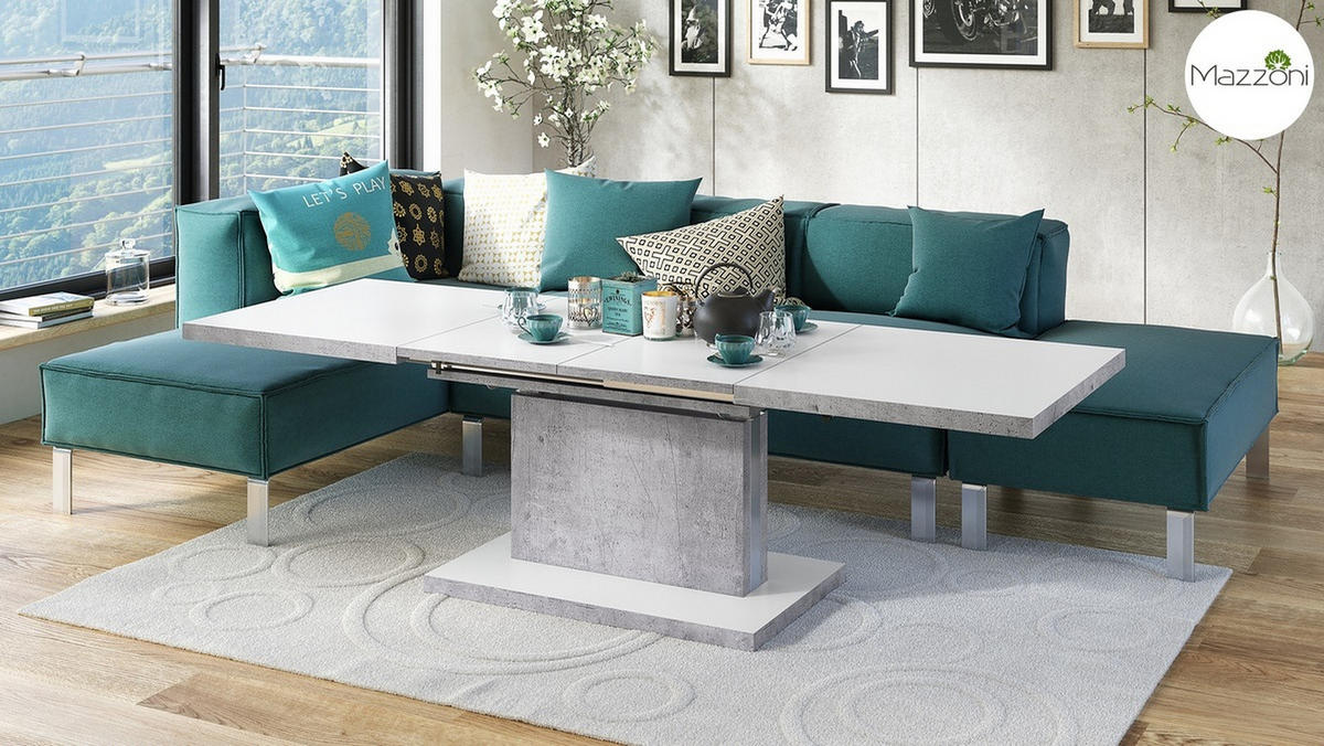 COUCHTISCH rechteckig Weiß matt Beton ausziehbar höhenverstellbar - Hellgrau/Weiß, Holzwerkstoff (70/120/56cm) - designimpex