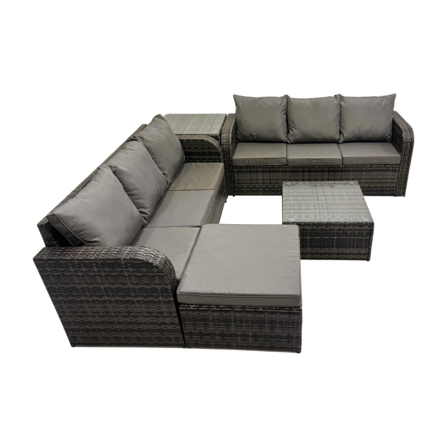 GARTENMÖBELGARNITUR mit KISSEN Polyrattan Dunkelgrau 10-Sitzer - Dunkelgrau/Grau, Glas/Kunststoff - Fimous