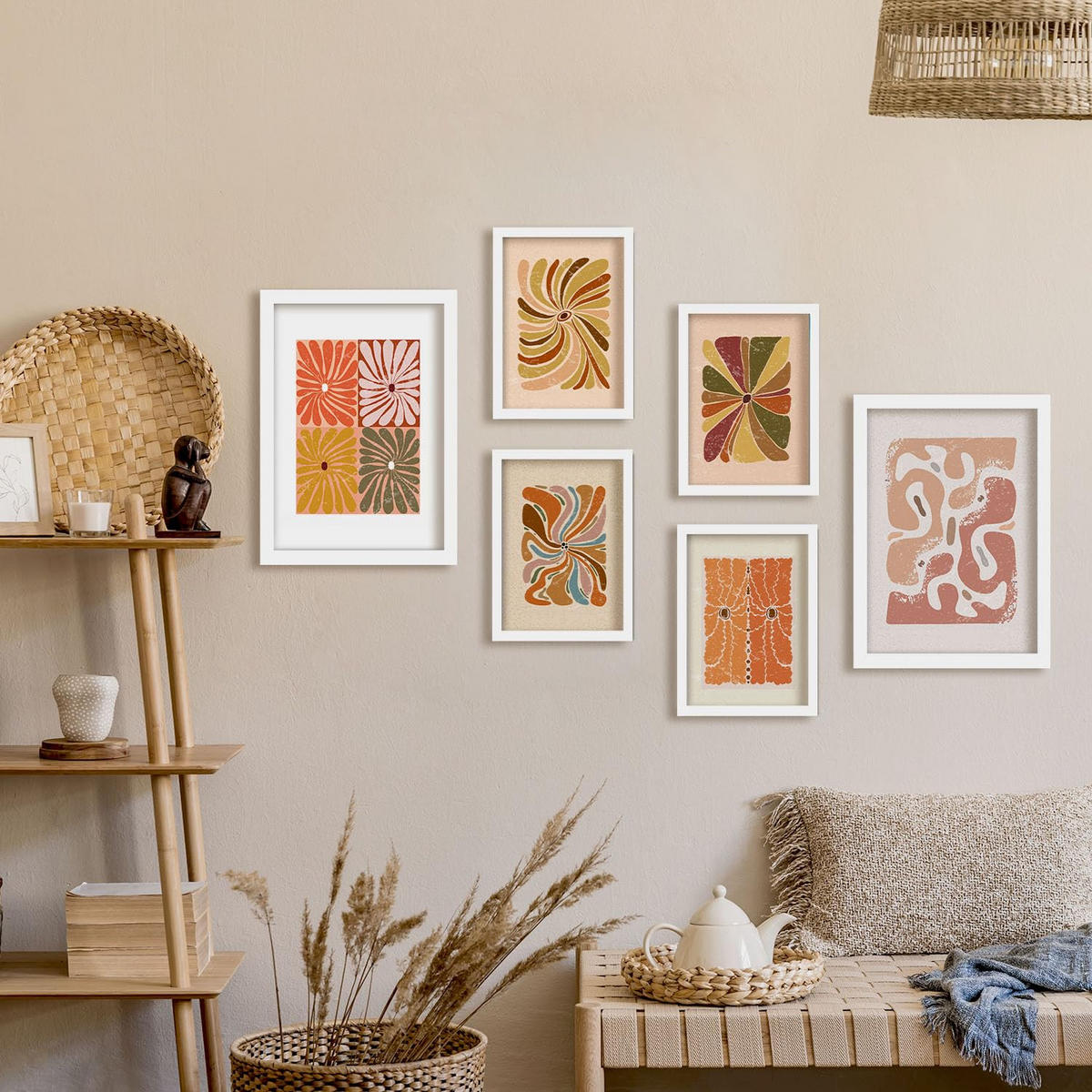 POSTER Set Mit 6 Drucken Abstrakter Blume Ethnischens Dekorative Rahmen Für Ihr Wohnzimmer Schlafzimmer Zuhause Wandkunstdruck A3 & A4 Weißer Rahmen - Weiß, Papier (29/3cm) - Nacnic