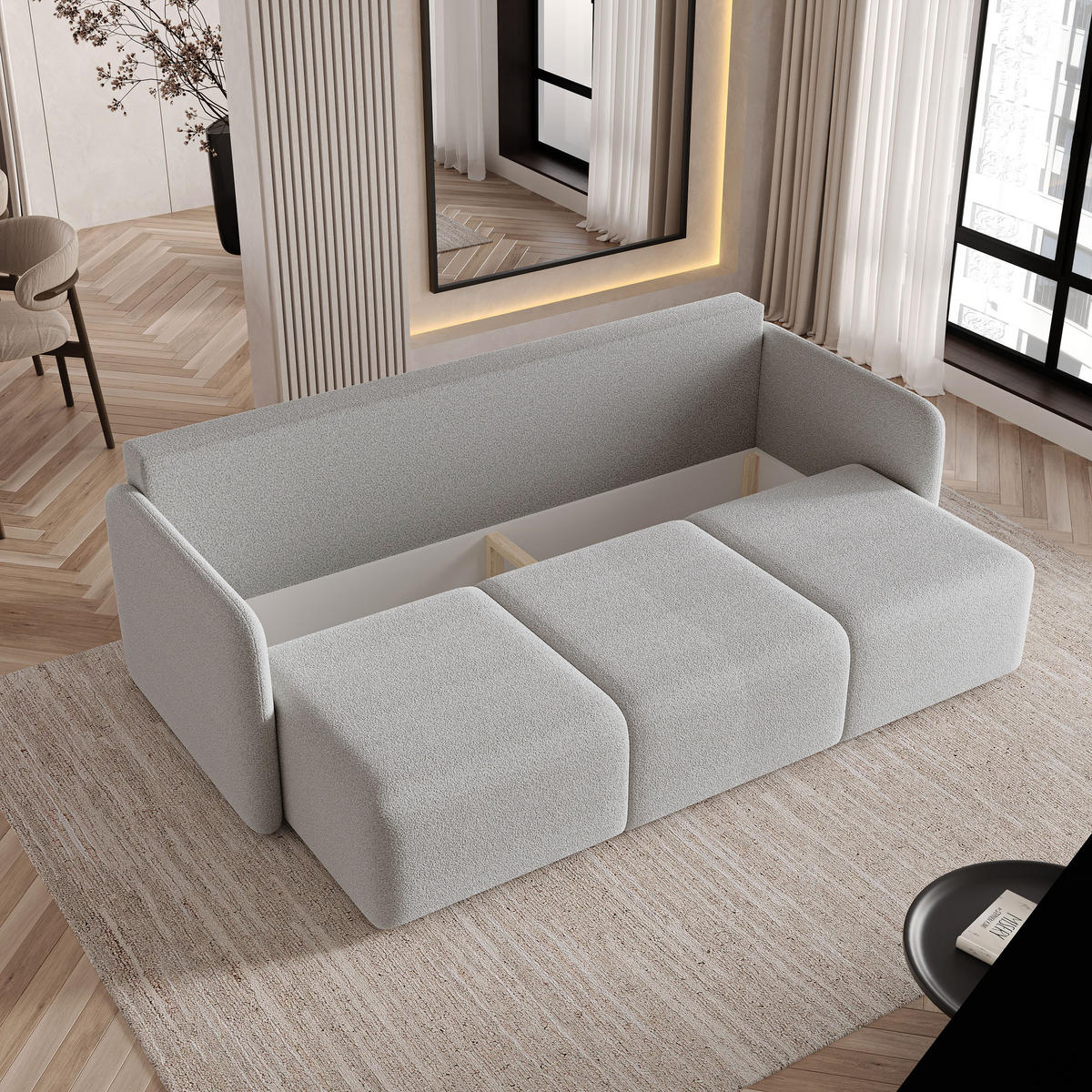 BETTSOFA SUVI III Q Hellgrau Bucle-Stoff mit Schlaffunktion - Hellgrau, Textil (220/85/90cm) - MASSENO