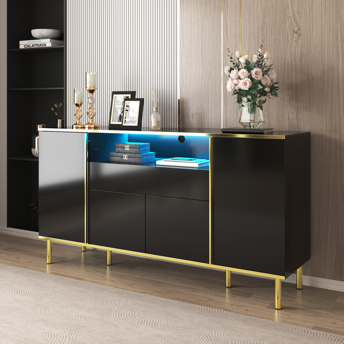 SIDEBOARD Hochglanz schwarz - Schwarz, Holz (150/80/40cm)