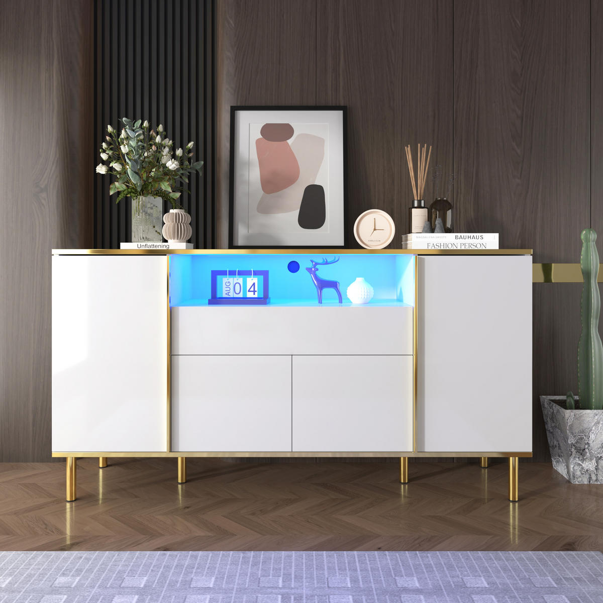 SIDEBOARD aus MDF/Spanplatte in Weiß Hochglanz mit LED, 4 Türen und Schublade, 150/40/80 cm, Weiß - Weiß, Holzwerkstoff (40/80/150cm) - Redom