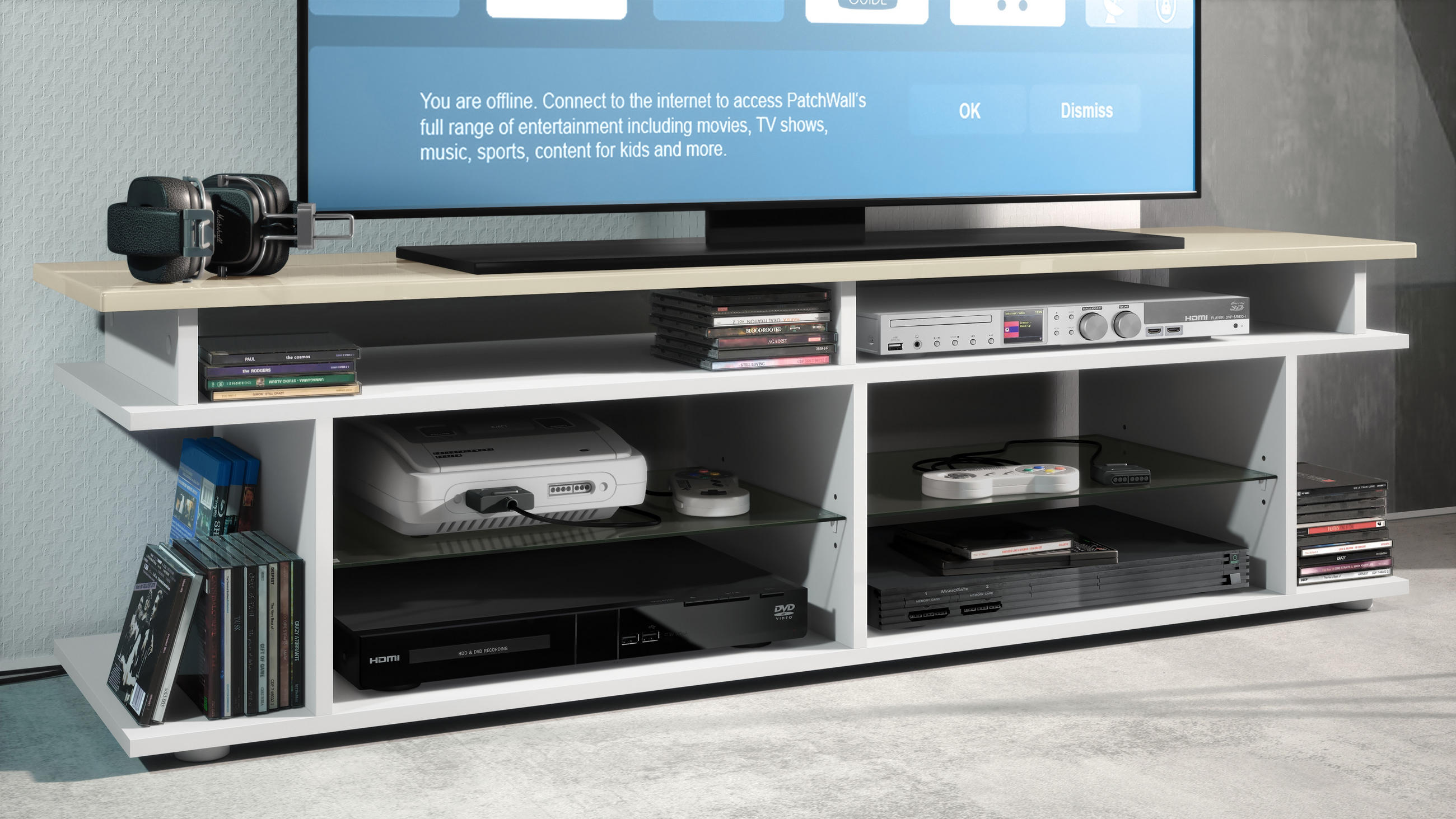 LOWBOARD Movie Platte des TV-Aufsatzes in Creme Hochglanz - Creme, Holzwerkstoff (138.5/39/37.5cm) - Vladon
