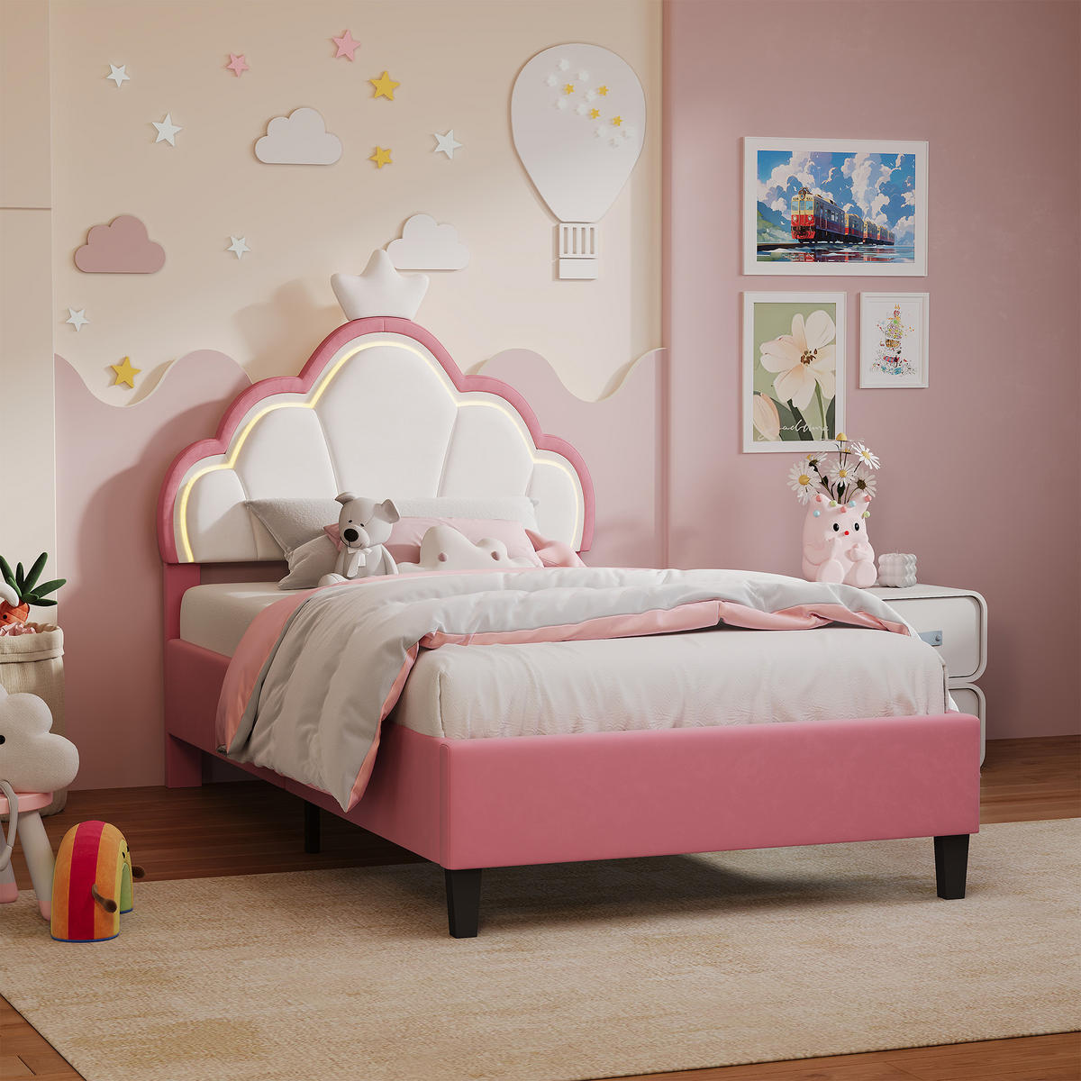 POLSTERBETT 90x190 cm mit höhenverstellbarem Kopfteil & RGB-LED – Kinderbett Bettgestell für Mädchen, Samt, Rosa - Pink, Holz/Metall (90/190cm) - BursDany