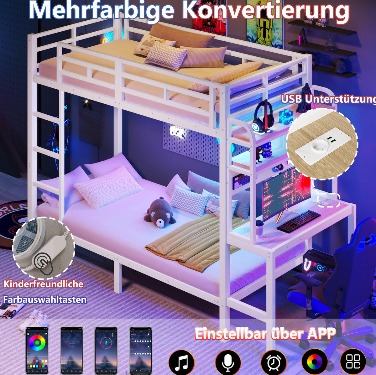 ETAGENBETT 90x200 cm in Weiß mit Schreibtisch, LED-Beleuchtung und USB-Anschluss - Weiß, Metall (90/200cm) - IVMEU