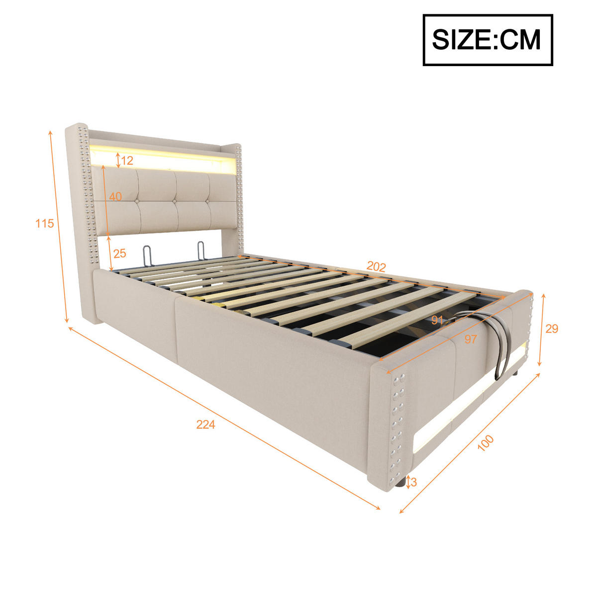 POLSTERBETT mit Stauraum, LED und USB 90x200 cm Leinenstoff Beige - Beige, Metall (90/200cm) - Beauniv