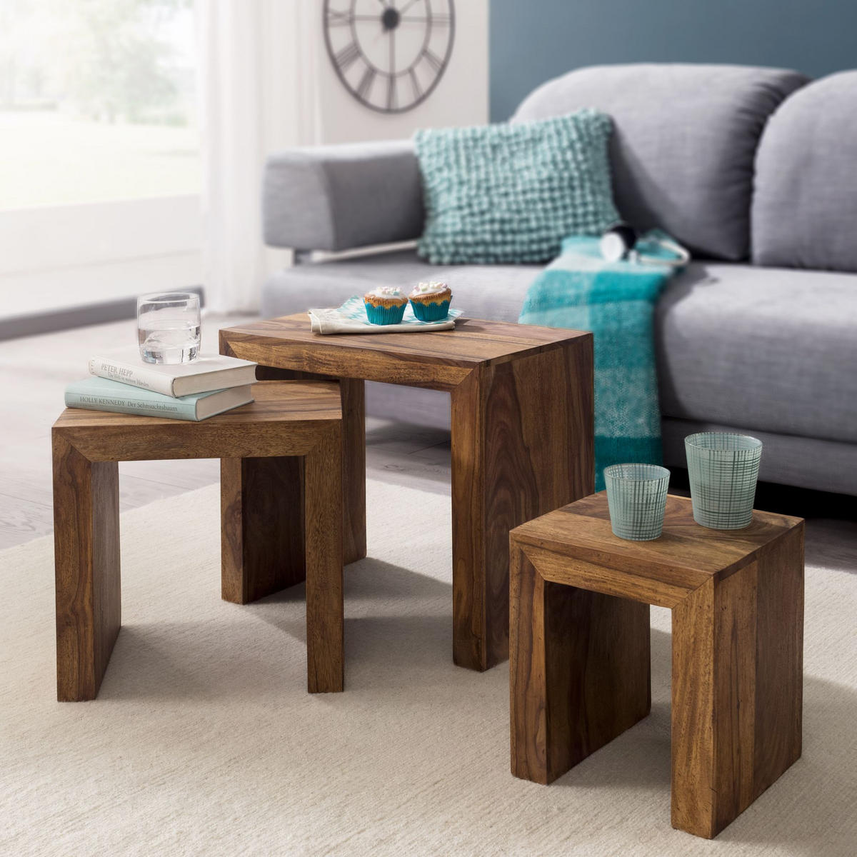 BEISTELLTISCH 3er Set Massivholz Platzsparend Handgefertigt, Braun 50x30x50 cm - Braun, Holz (30/50/50cm) - KADIMA DESIGN
