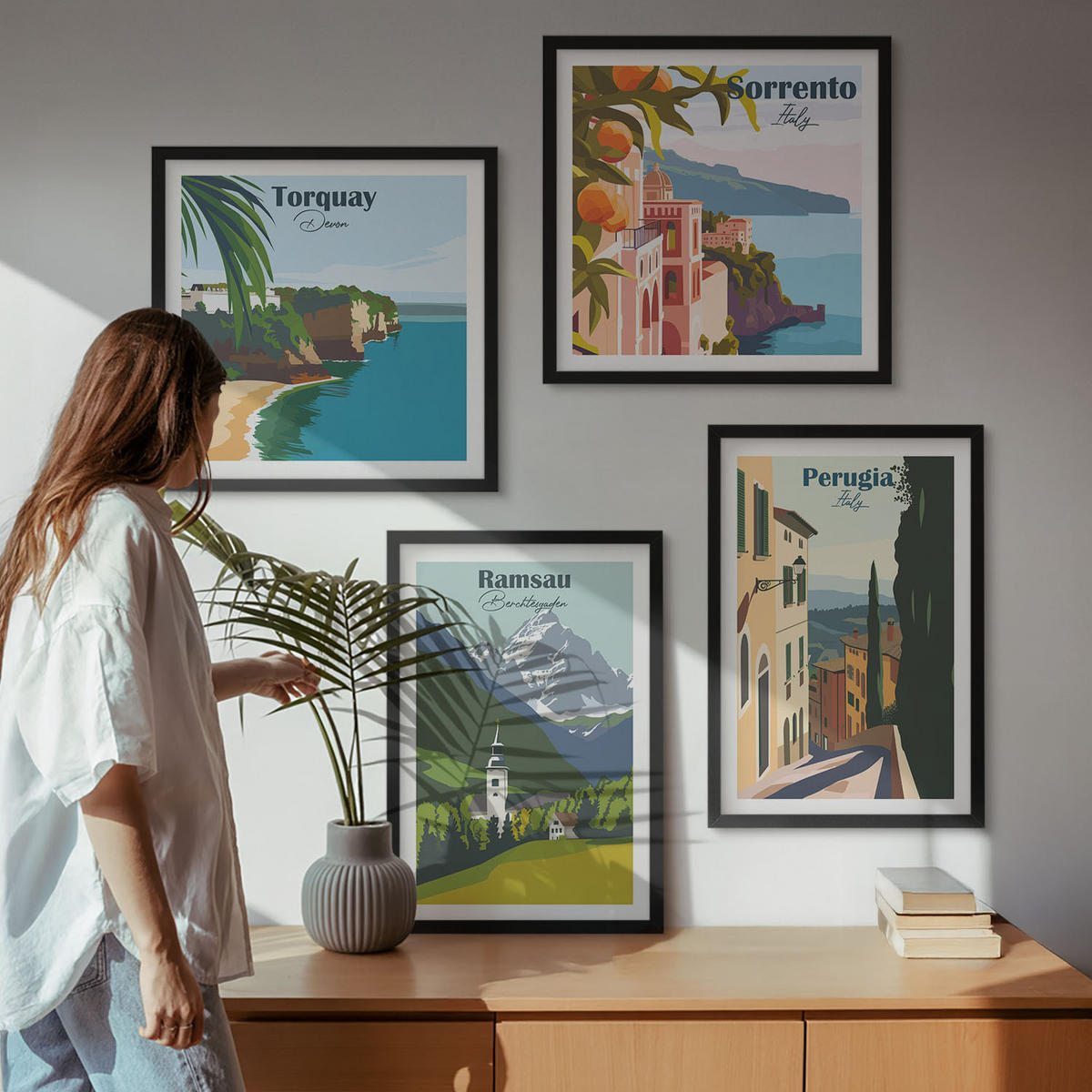 BILDER SET 4er Set - 50x50 cm & 40x60 cm Schwarzer Rahmen - Berglandschaften und Städte - Schwarz, Kunststoff (50/50cm) - TULUP
