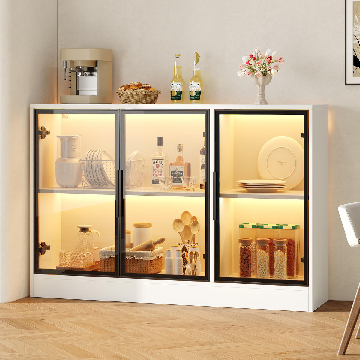 VITRINE 120x30x73 cm Weiß mit LED und Glasfront - Weiß, Holzwerkstoff (120/73/30cm) - FLIEKS