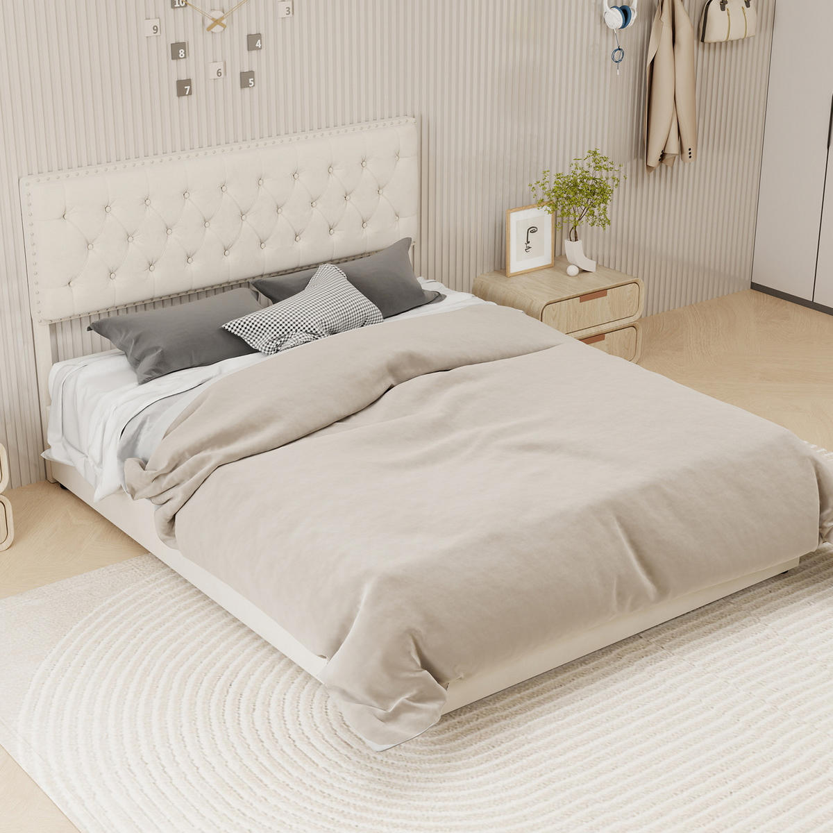 POLSTERBETT 160/200 cm in Beige Samt mit Stauraum - Beige, Holzwerkstoff/Textil (160/200cm) - WISHDOR
