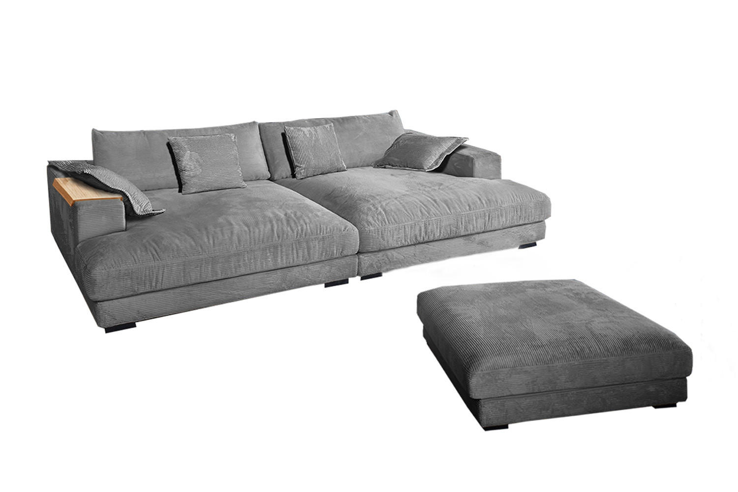 BIG SOFA-SET MIT TABLETT NATUR MADELINE Grau Cord - Schwarz/Grau, Kunststoff/Textil (290/85/170cm) - KAWOLA