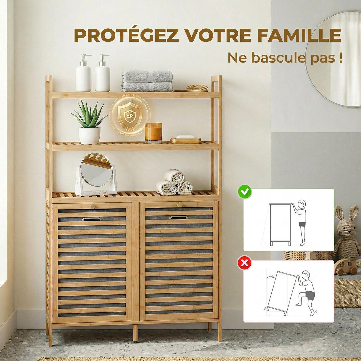 BADEZIMMERSCHRANK Natur mit 2 Wäschekörben und 3 Ablagen - Eichefarben, Holz (80/118/30cm) - PANGIVO