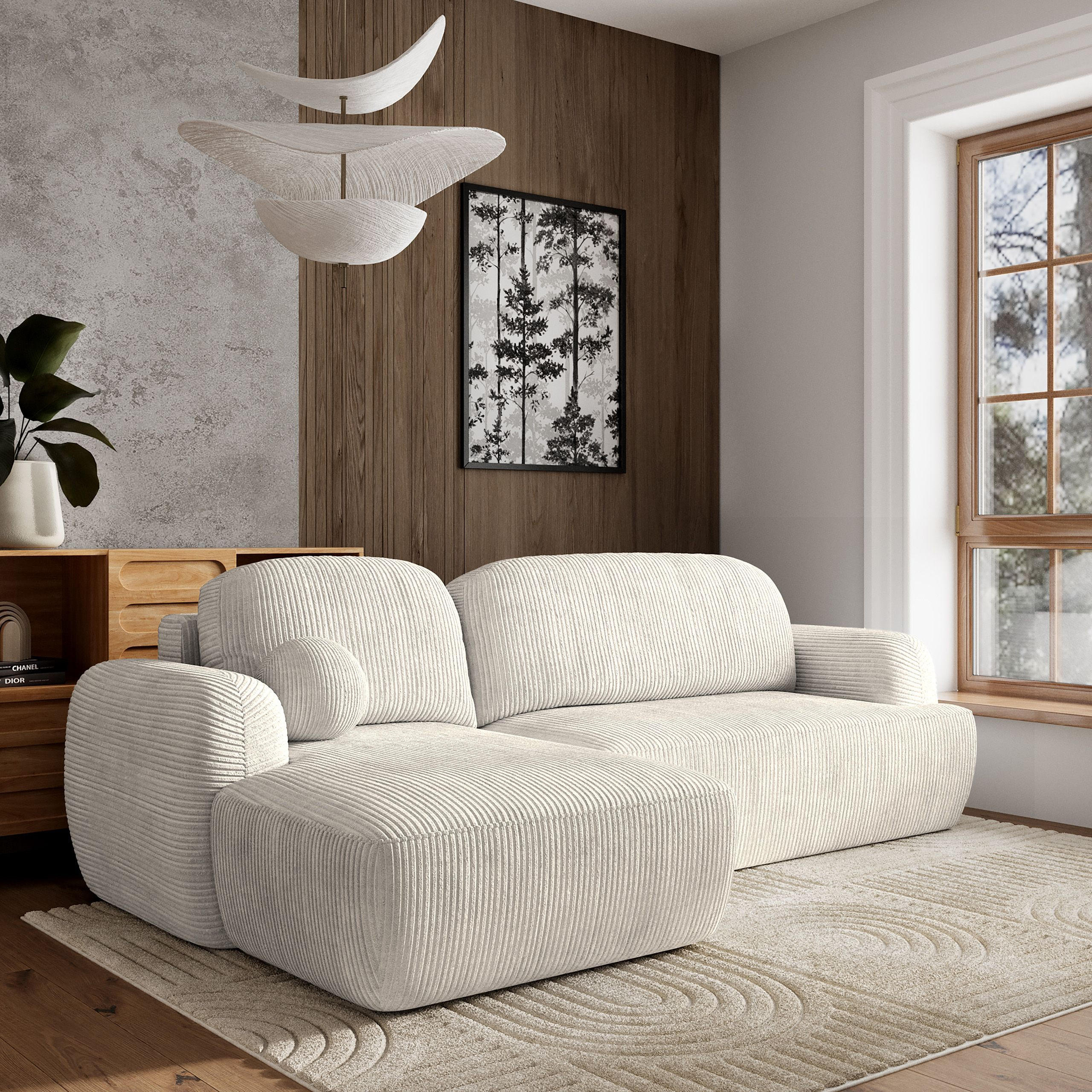 ECKSOFA MODENZA P L-S Creme Kordstoff mit Schlaffunktion - Creme, Holz (266/148cm) - MASSENO