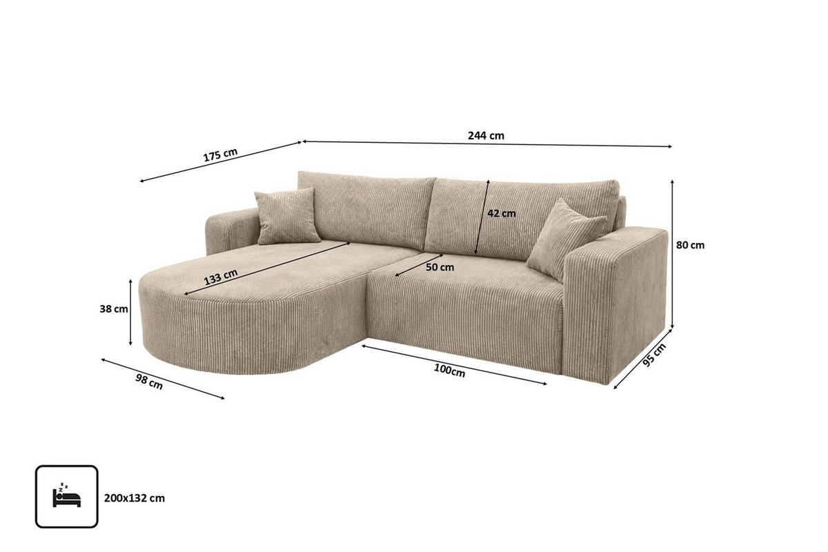 ECKSOFA Mit Schlaffunktion, Cordstoff Poso, Dunkelbeige, Links, ROUND ONE - Beige, Holz (244/175cm) - Kaiser Möbel