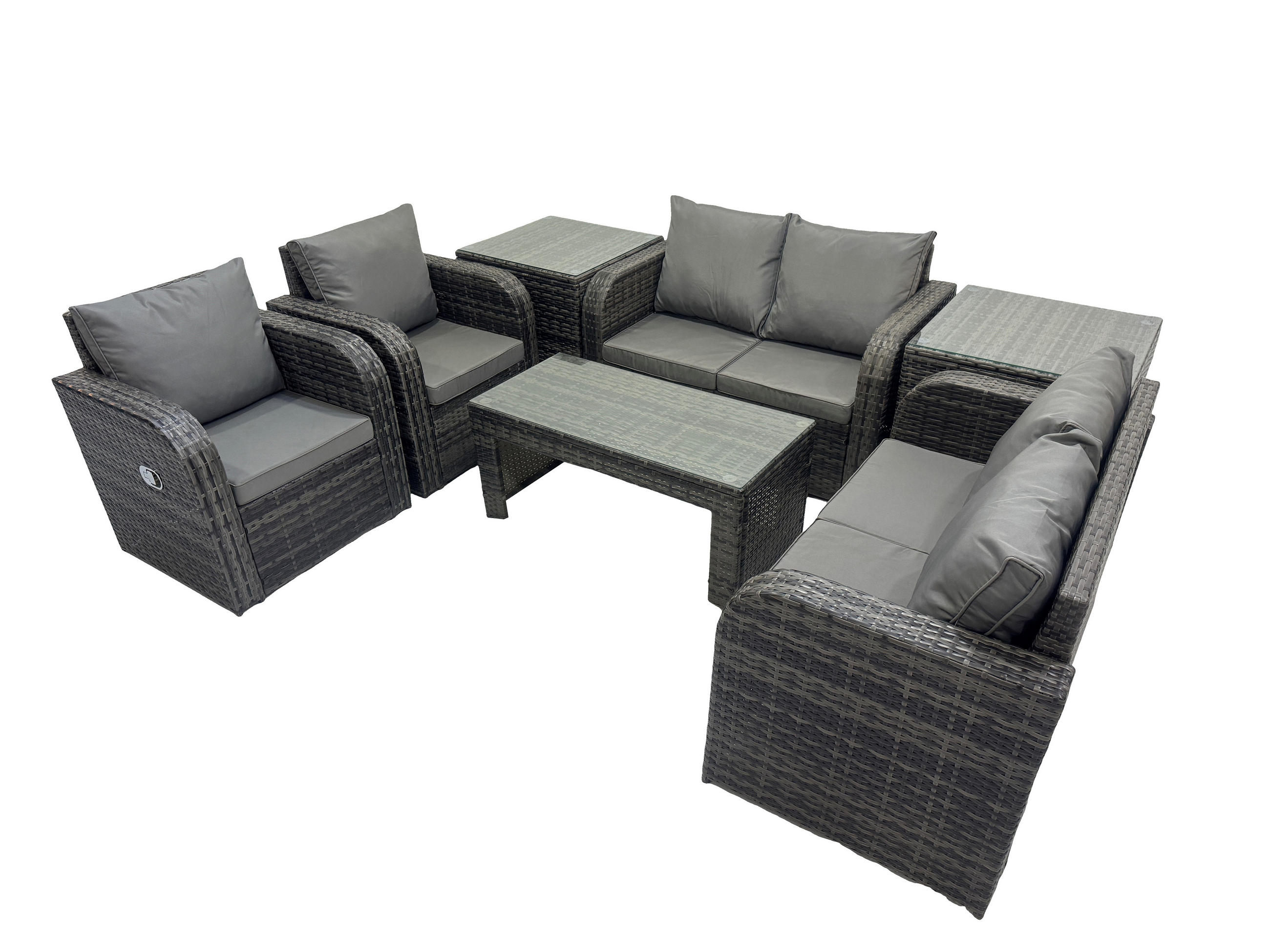 GARTENSOFA SET mit LIEGESTUHL Polyrattan 6-Sitzer Dunkelgrau - Dunkelgrau/Grau, Glas/Kunststoff - Fimous