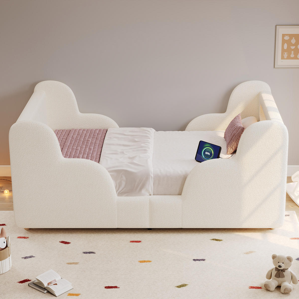 KINDERBETT Beige Bouclé 90x200 Schutzgeländer Massivholz - Beige, Leder (90/200cm) - FLIEKS