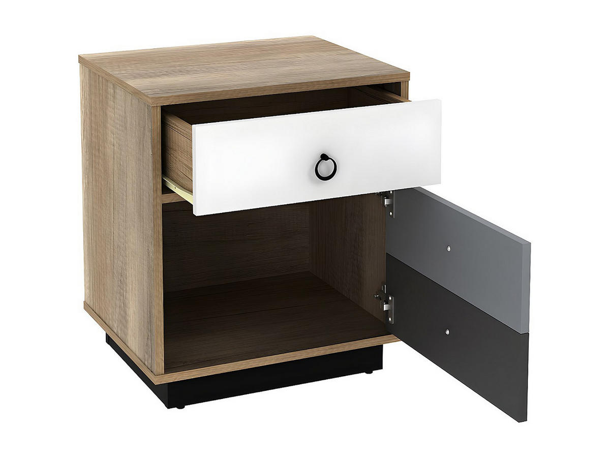 NACHTTISCH mit 1 Tür & 1 Schublade - Holzfarben, Weiß & Grau - KRYPTON - Multicolor, Holz (47.4/55.3/39.6cm) - Vente-Unique