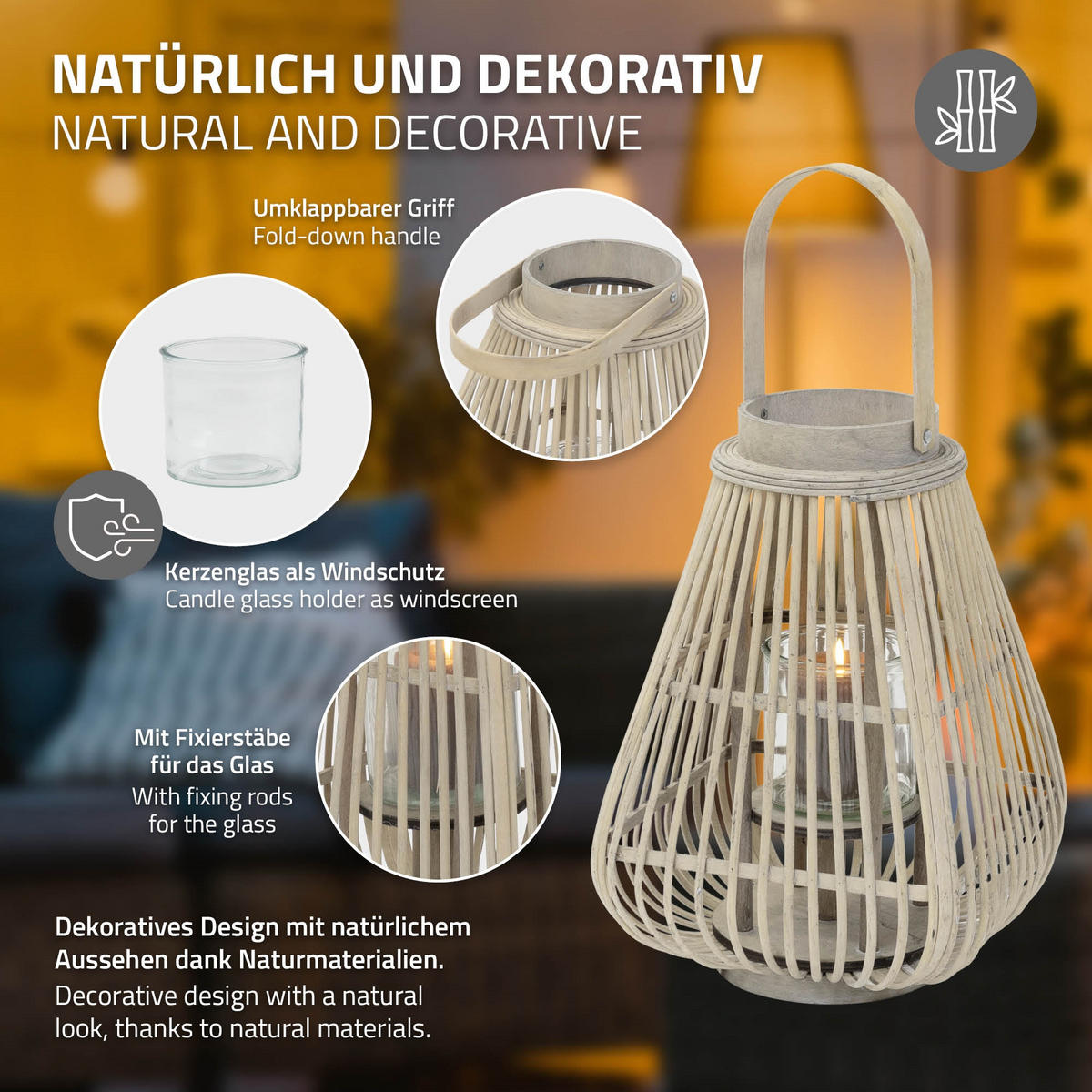 BAMBUSOVÁ LAMPION V: 50 cm, dřevěná barva, styl boho - přírodní, dřevo (24/50/24cm) - ECD-Germany