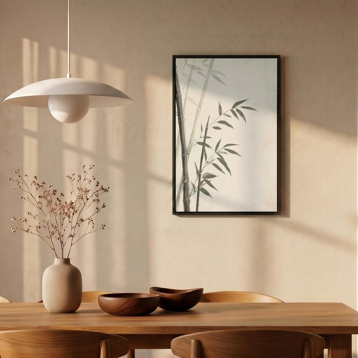LEINWAND Bilder mit Rahmen - Japandi - Bambus - Beige - 40x60 - Eukalyptusholzfarben, Textil (40/60cm) - MuchoWow