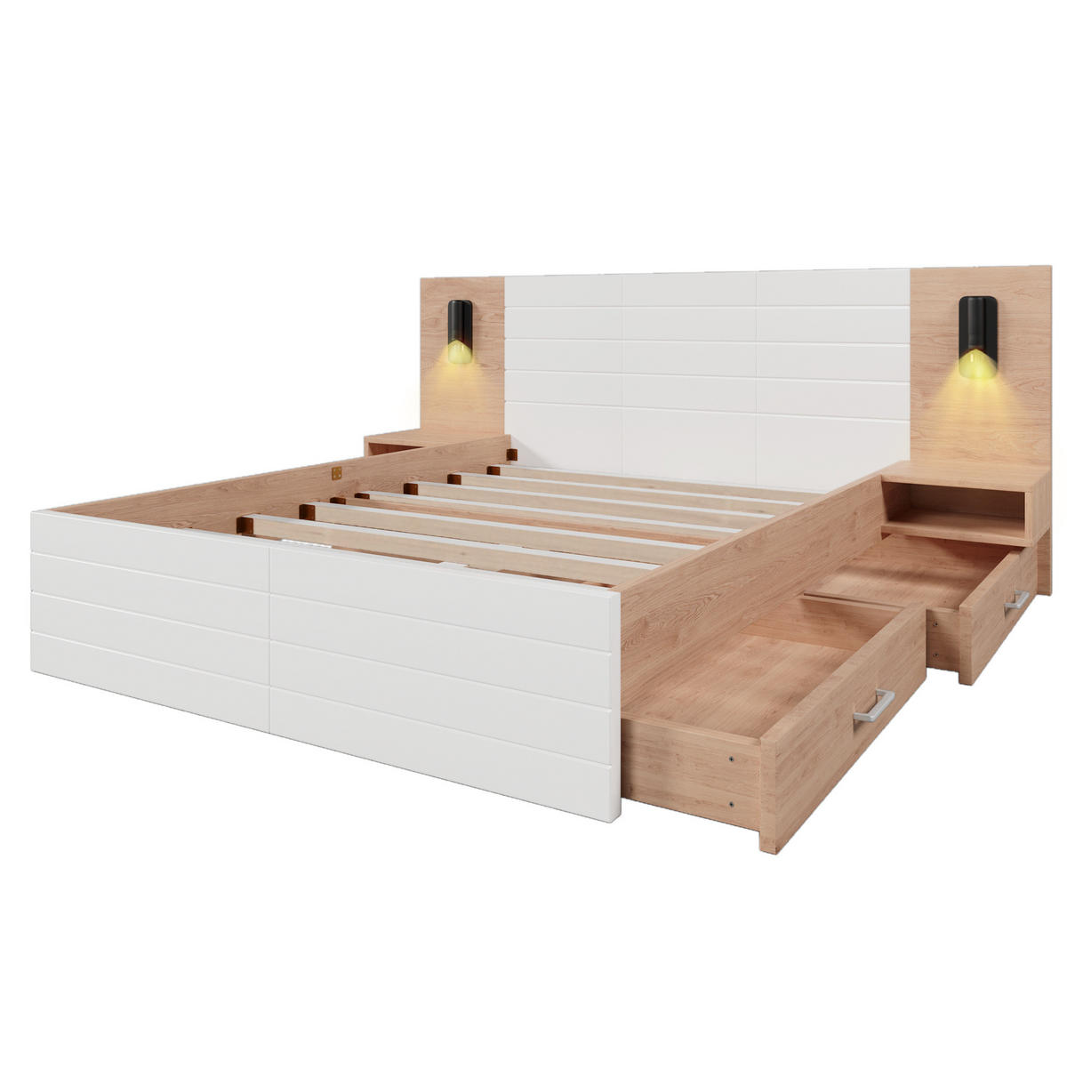 BETT 140/200 cm in Weiß/Eiche mit Matratze, USB und 2 Schubladen - Weiß, Holzwerkstoff (140/200cm) - Flora Grace