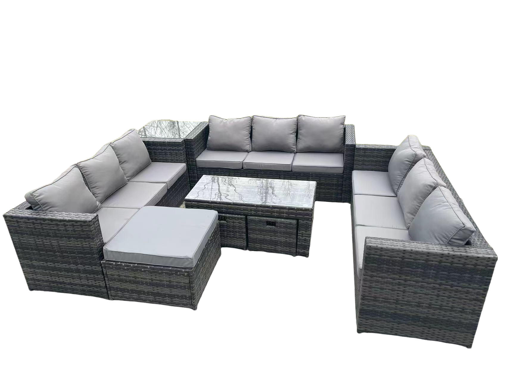 LOUNGESOFA Polyrattan 12-Sitzer - Dunkelgrau/Grau, Glas/Kunststoff - Fimous