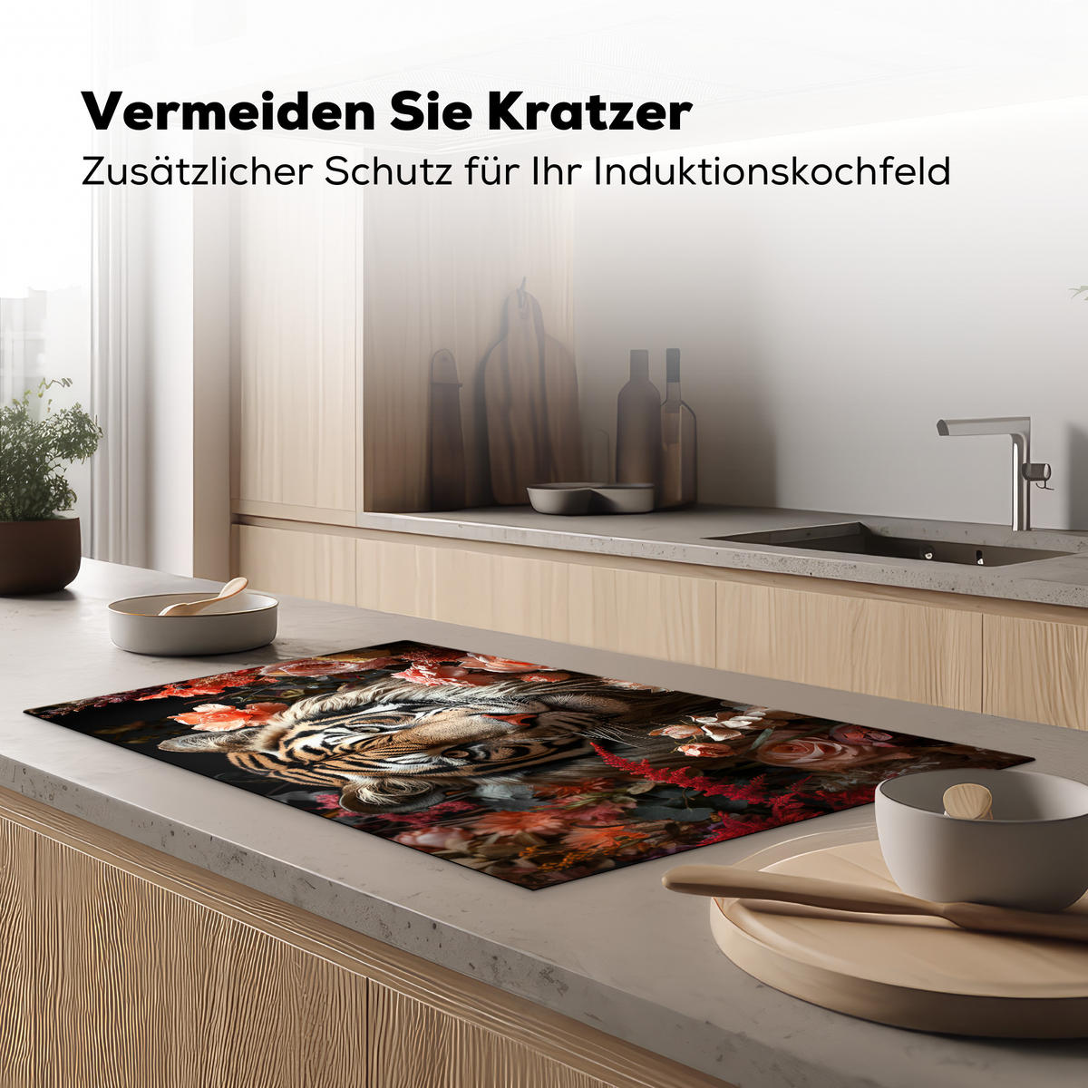 HERDABDECKPLATTE Tiger - Tier - Natur - Floral - Botanisch 90x52 cm - Orange, Kunststoff (90/0.2/52cm) - MuchoWow
