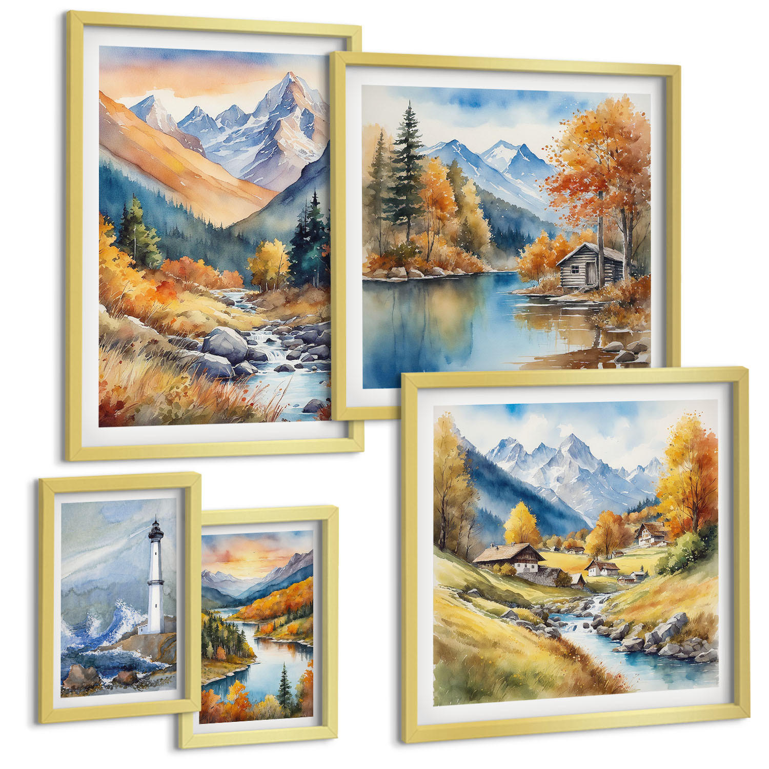 BILDER SET 5er Set - 50x50 cm & 20x30 cm & 40x60 cm Goldrahmen - Polnische Städte Ustka Tarnów Sopot - Goldfarben, Kunststoff (40/60cm) - TULUP