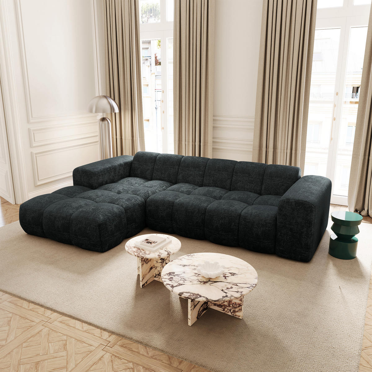 ECKSOFA (links) BLOOM Geprägter Samt Anthrazitgrau 290cm - Dunkelgrau/Anthrazit, Textil (290/164cm) - Premium Interiors