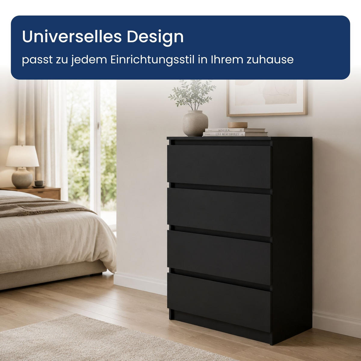 KOMMODE mit vier Schubladen in Schwarz - Schwarz, Holzwerkstoff (70/100/40cm) - Home Collective