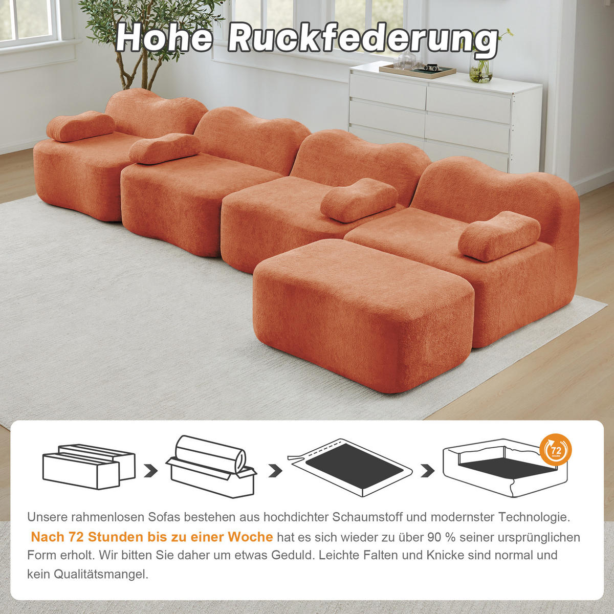 4-SITZER Sofa 384x167x70 cm aus Samtstoff rahmenlos modular mit Ottoman, orange - Orange, Textil (167/70/384cm)