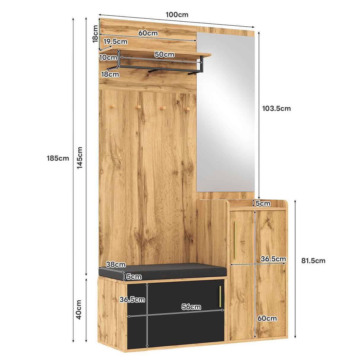 GARDEROBE mit Spiegel und Sitzbank 100 x 38 x 185 cm Eiche-Schwarz - Schwarz, Holzwerkstoff (38/185/100cm) - Beauniv