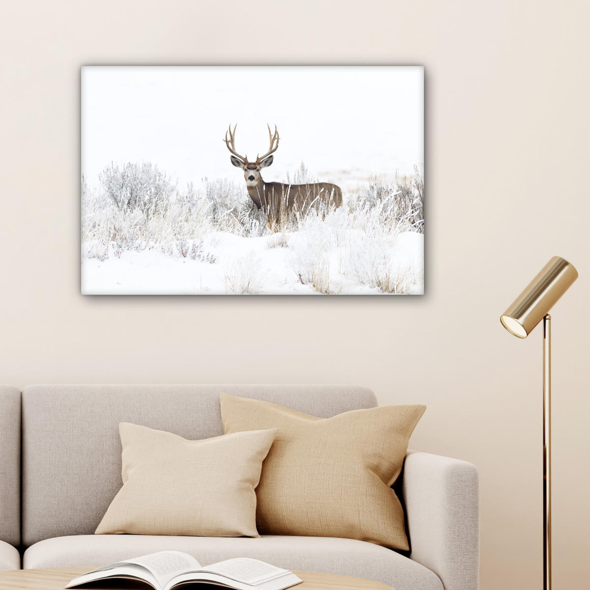 LEINWANDBILD Hirsche - Winter - Schnee - Tiere - Jahreszeiten - Weiß Wanddeko 90x60 cm - Hellbraun, Textil (90/60cm) - MuchoWow