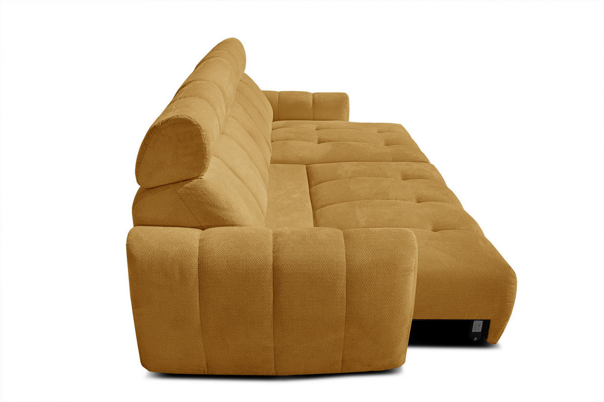 ECKSOFA KIMI 3-Sitzer, ausziehbarer Sitz, verstellbare Kopfstützen, senfgelb - Gelb/Schwarz, Holzwerkstoff/Textil (270/160cm) - Courtois Laville