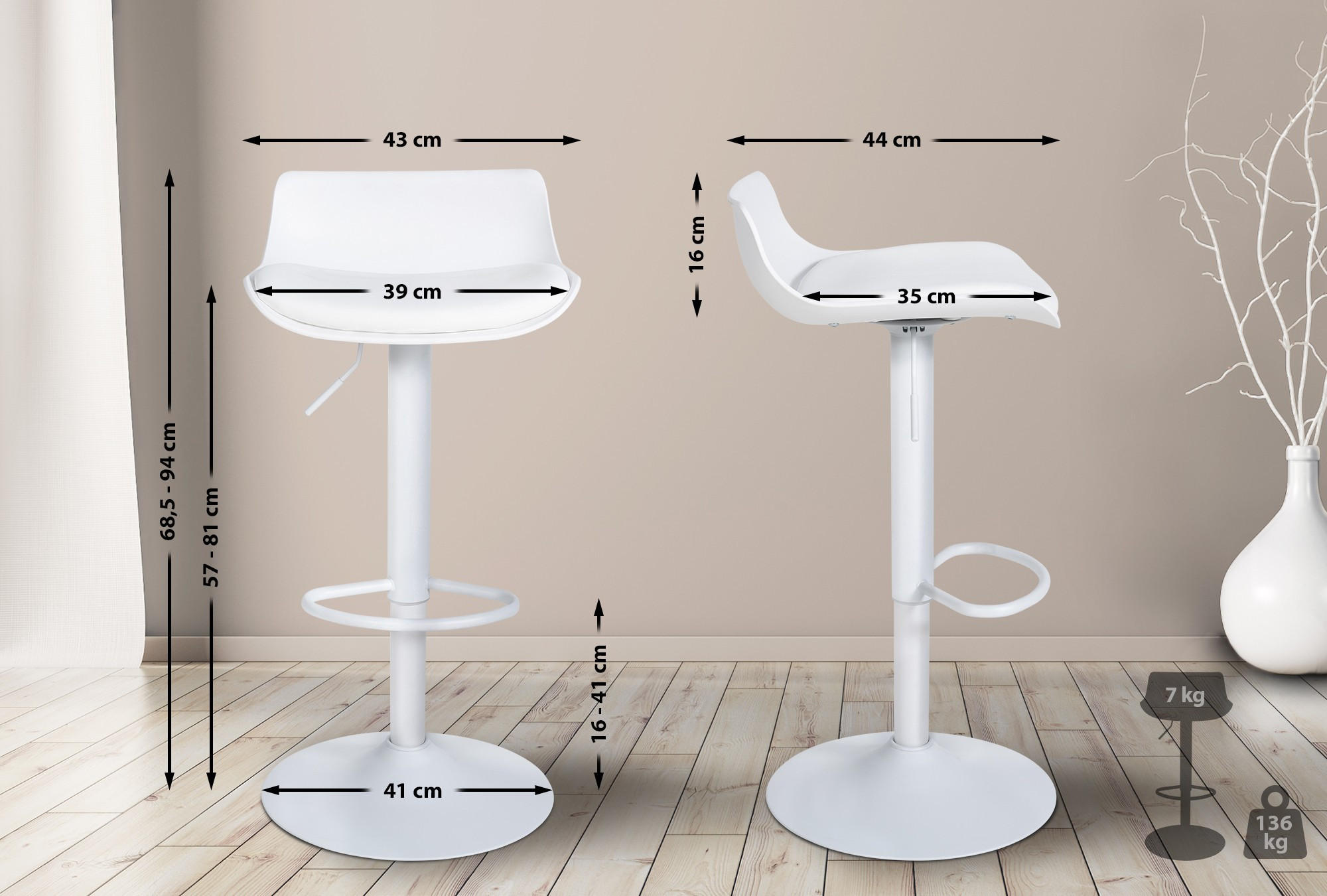 BARHOCKER höhenverstellbar Weiß JUTO Kunstleder 685-94x43x44 cm - Weiß, Leder/Metall (43/68.5/44cm) - DELUKE