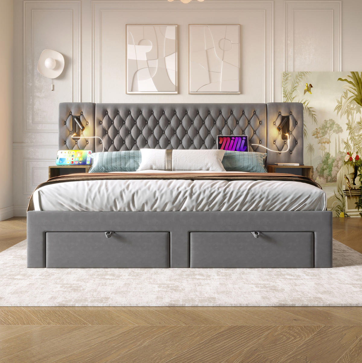 BETTANLAGE mit 2 Nachttischen und 4 Schubladen 180x200 cm Samt Grau - Grau, Metall (180/200cm) - Meubliv