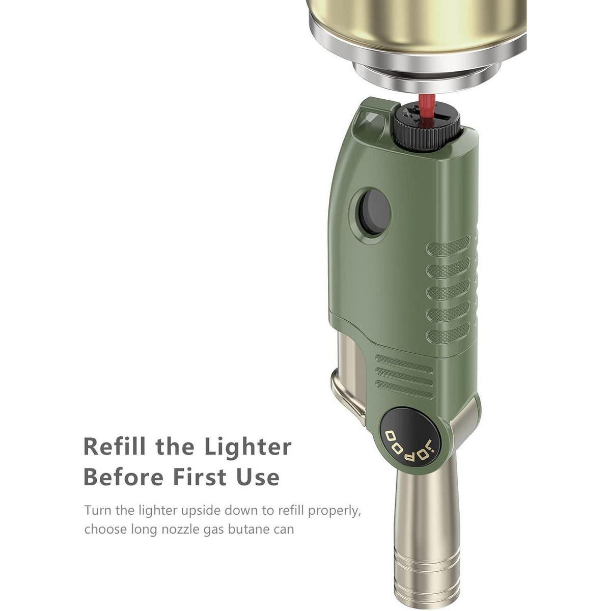 JETFLAME Feuerzeug Lang Winddicht Nachfüllbar mit Kraftstofffenster und einstellbarer Flamme - Olivgrün, Metall (2.5/1.9/8.6cm)