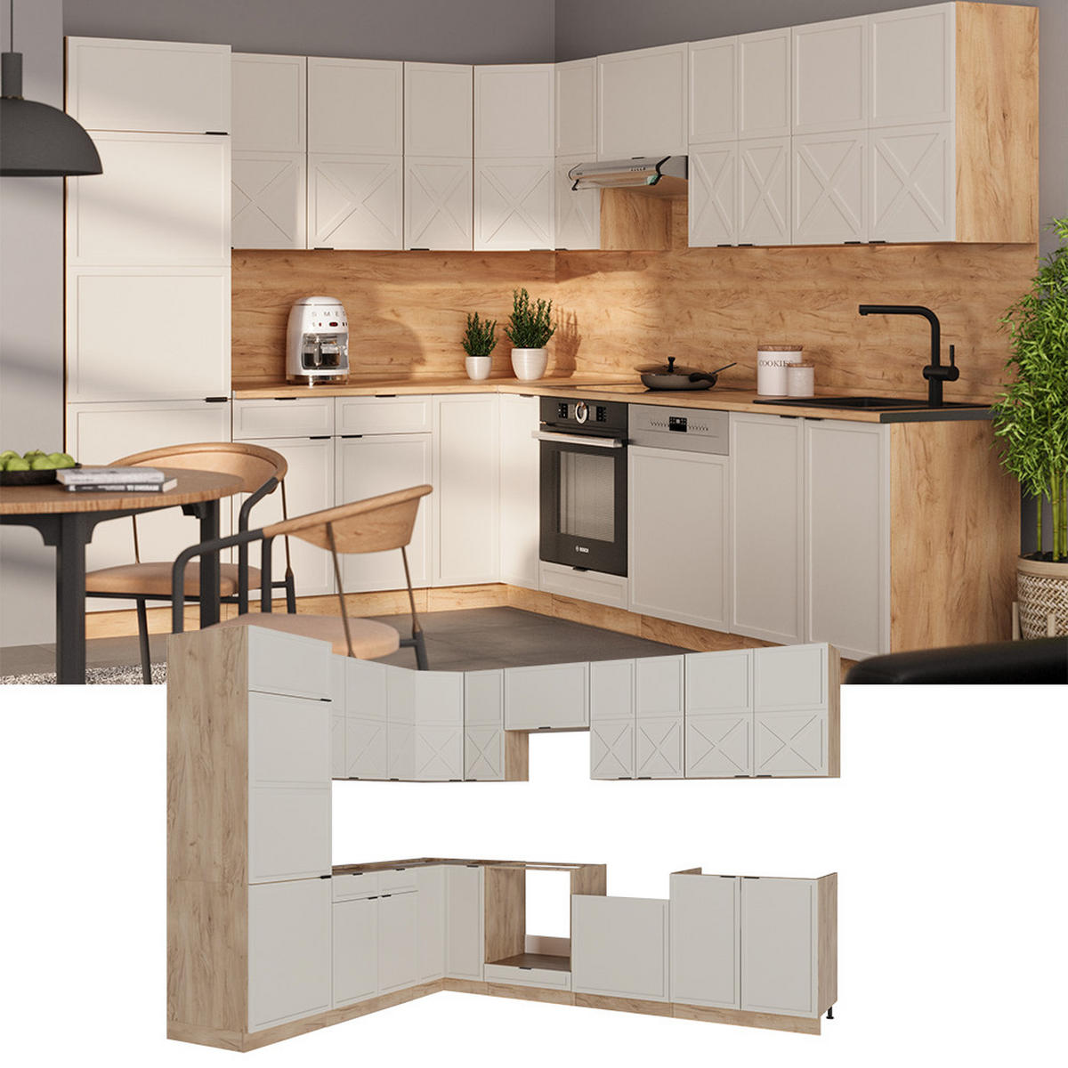 ECKKÜCHE Fame-Line GrauBeige/Goldkraft Eiche 227 x 60 cm ohne AP - Honigeiche/Grau, Holzwerkstoff (287/81.6/46cm) - Vicco