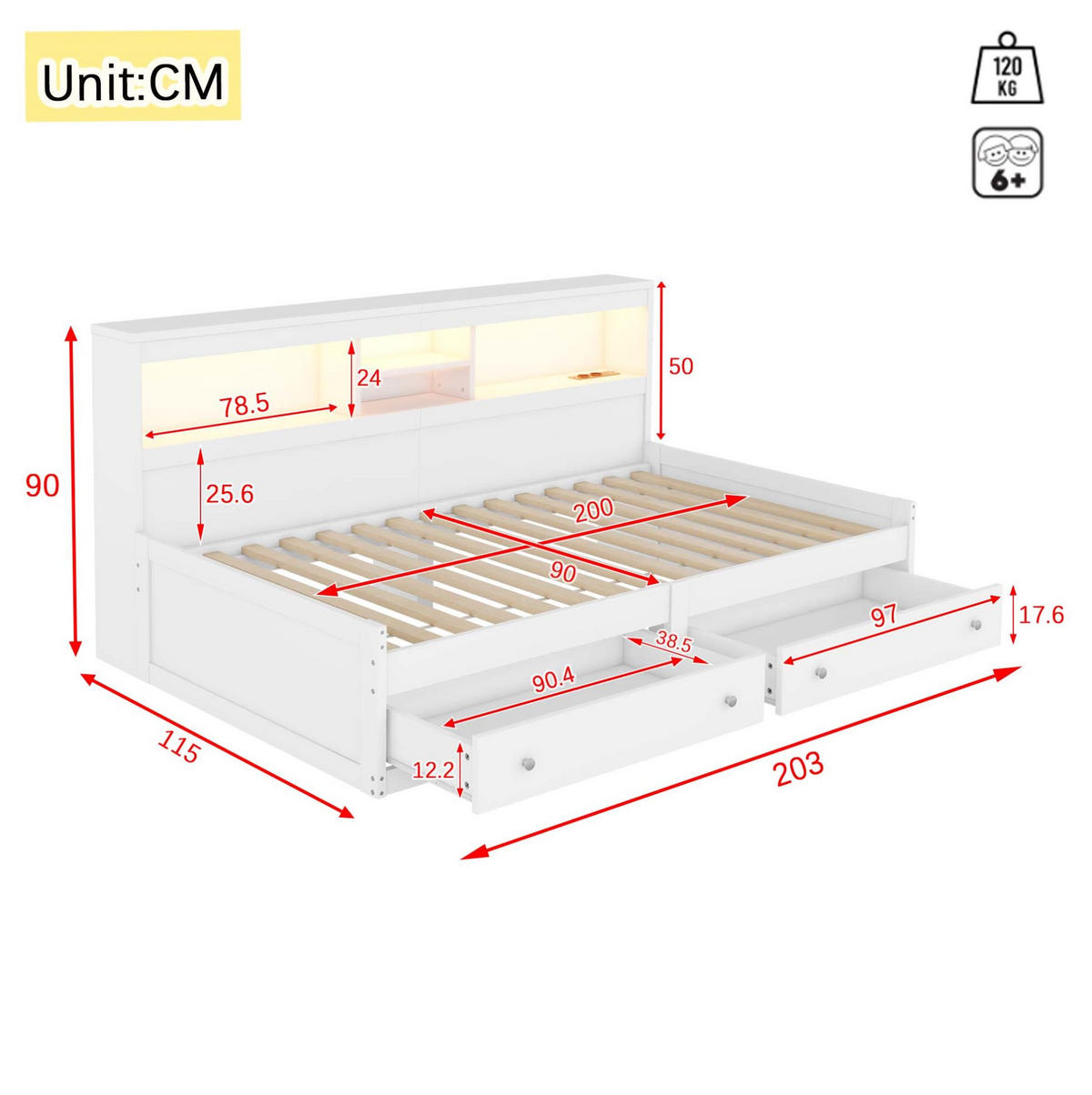 POLSTERBETT aus Spanplatte 90x200 cm in Weiß mit LED-Beleuchtung & USB-Ladefunktion - Weiß, Holzwerkstoff (90/200cm) - Modfu