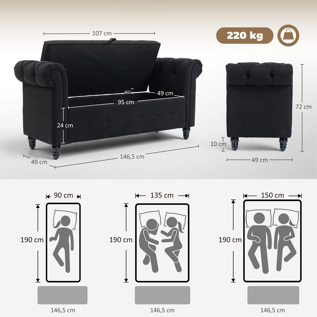TRUHENBANK DE-16448 2-in-1 mit Stauraum Schwarz - Schwarz, Textil (146.5/72/49cm) - ComfortXL