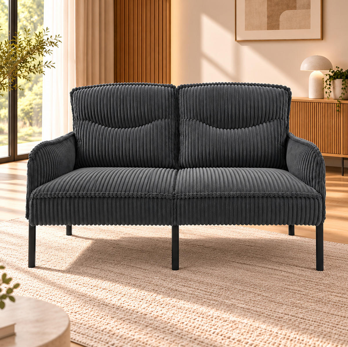 2-SITZER Sofa 122/73/83 cm Cordstoff mit Seitentaschen und Metallbeinen Grau - Schwarz/Grau, Textil/Metall (73/83/122cm) - Redom