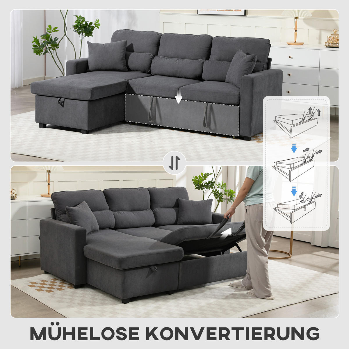 BETTSOFA Verstellbar L-förmiges Gästesofa mit Bettfunktion Kissen - Beige/Schwarz, Kunststoff/Textil (135/205cm) - HOMCOM