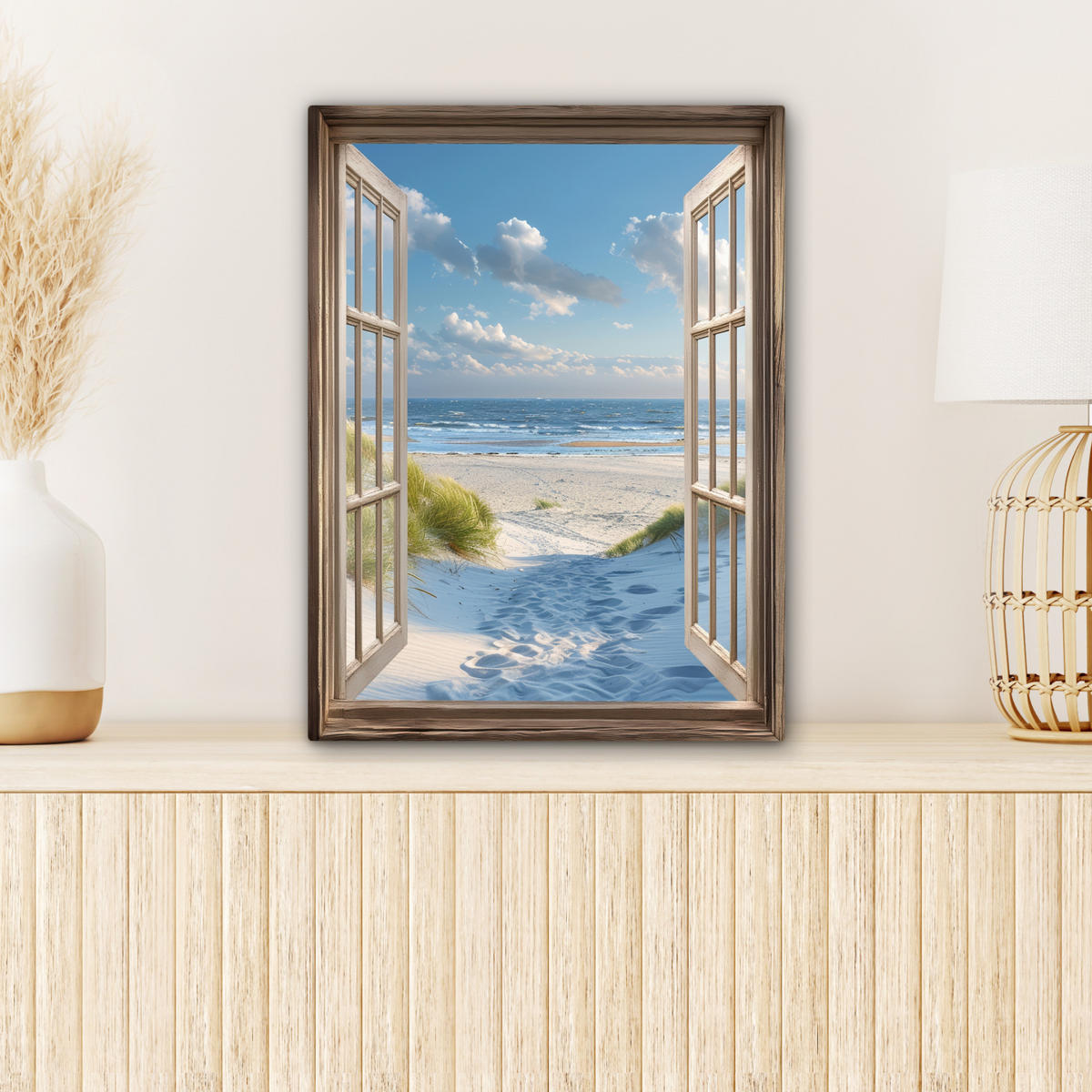 LEINWANDBILD Aussicht - Strand - Fenster - Dünen - Meer 30x40 cm - Hellblau, Textil (30/40cm) - MuchoWow
